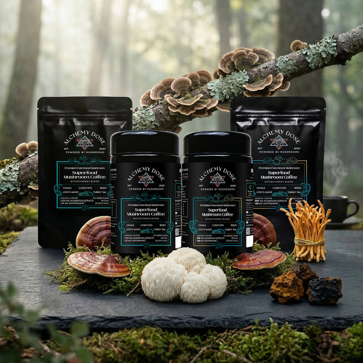 MycoSynergy Mushroom Coffee by Alchemy Dose, five-mushroom blend with Suntheanine