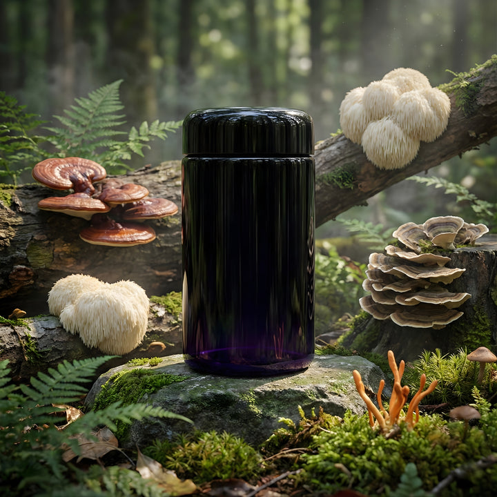 UV biophotonic violet glass jar, airtight, for storing mushroom extracts